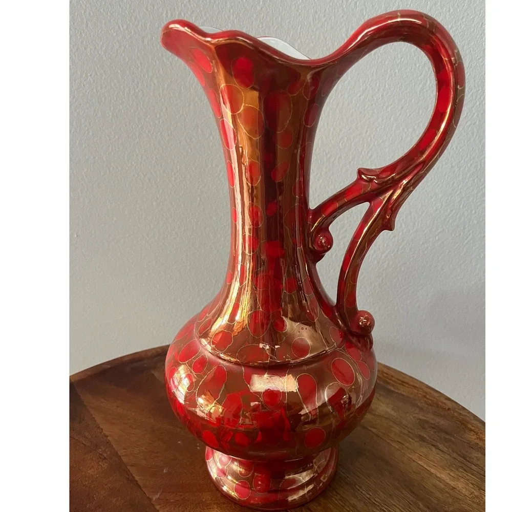 Vintage‎ Bold Red and Gold Vase Pitcher Ewer 1981 MCM vibe signd